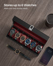 Watch Box – Glass and Velvet – Black – 6 Slots with Lock and Cushions