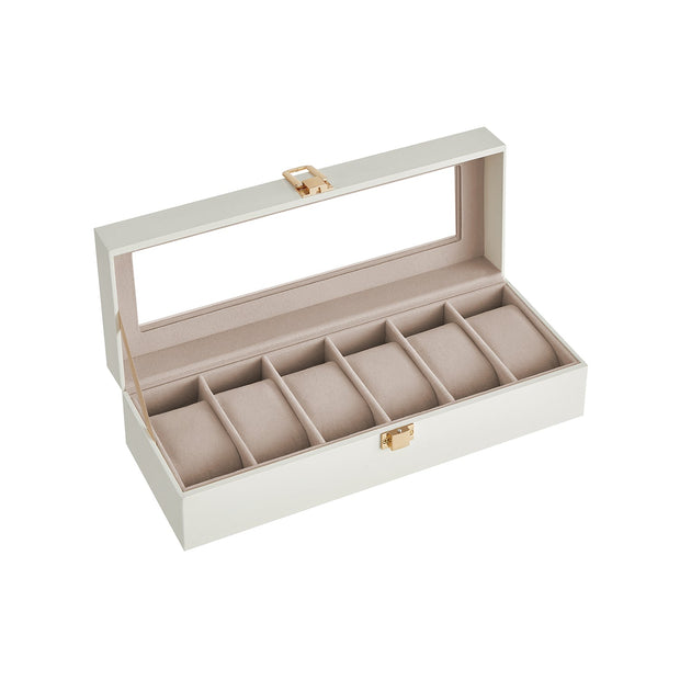 Watch Box – Glass and Velvet – Black – 6 Slots with Lock and Cushions