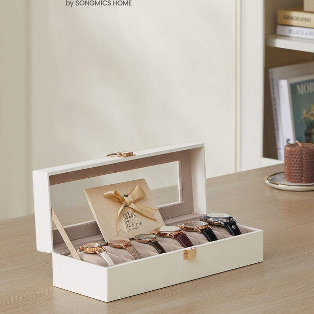 Watch Box – Glass and Velvet – Black – 6 Slots with Lock and Cushions