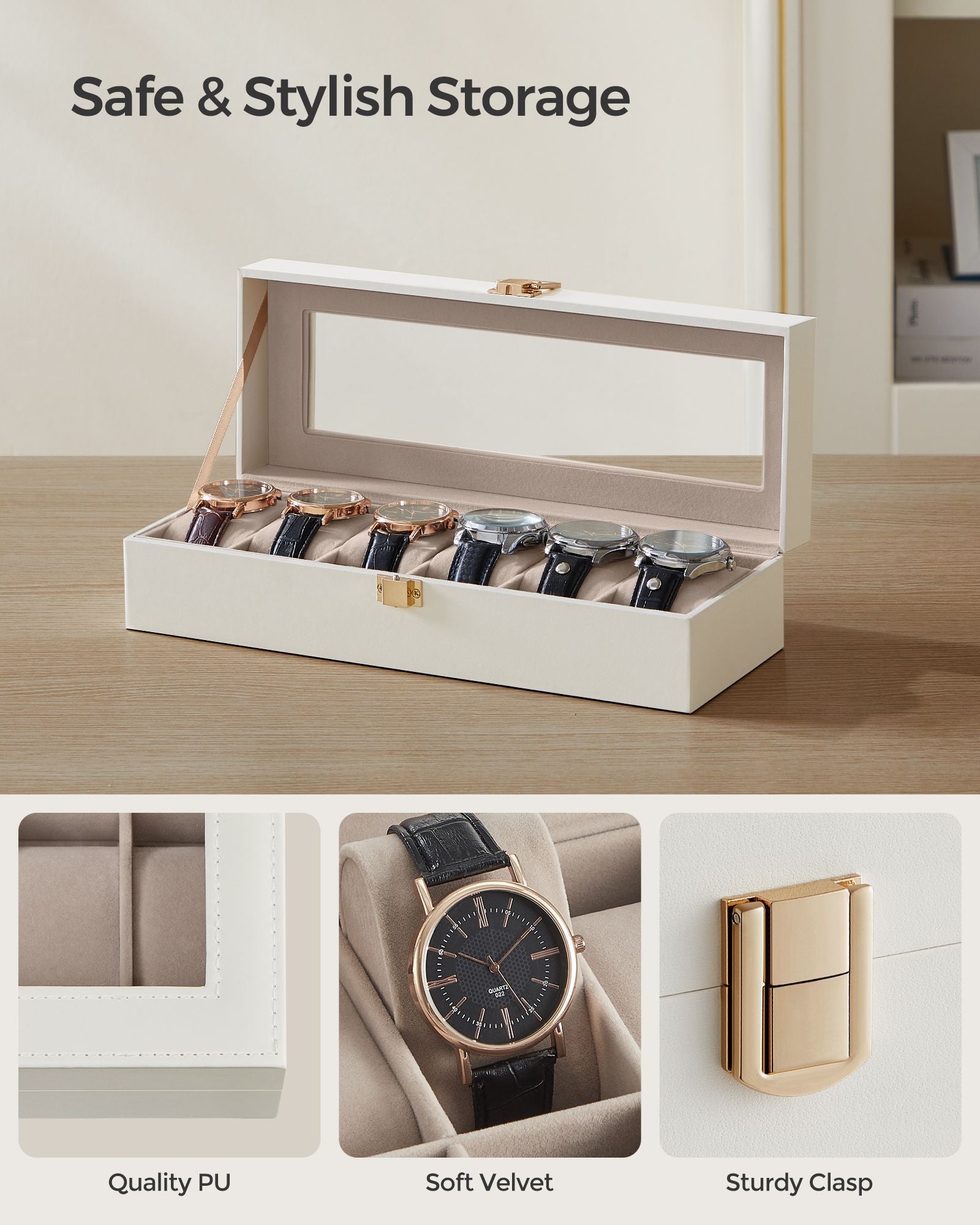 Watch Box – Glass and Velvet – Black – 6 Slots with Lock and Cushions
