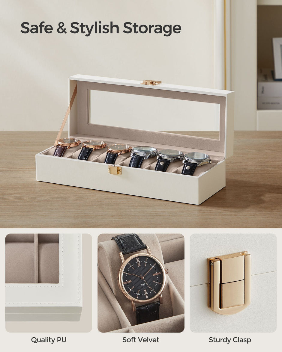 Watch Box – Glass and Velvet – Black – 6 Slots with Lock and Cushions