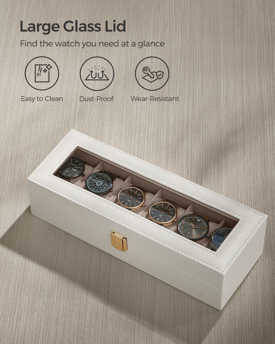 Watch Box – Glass and Velvet – Black – 6 Slots with Lock and Cushions