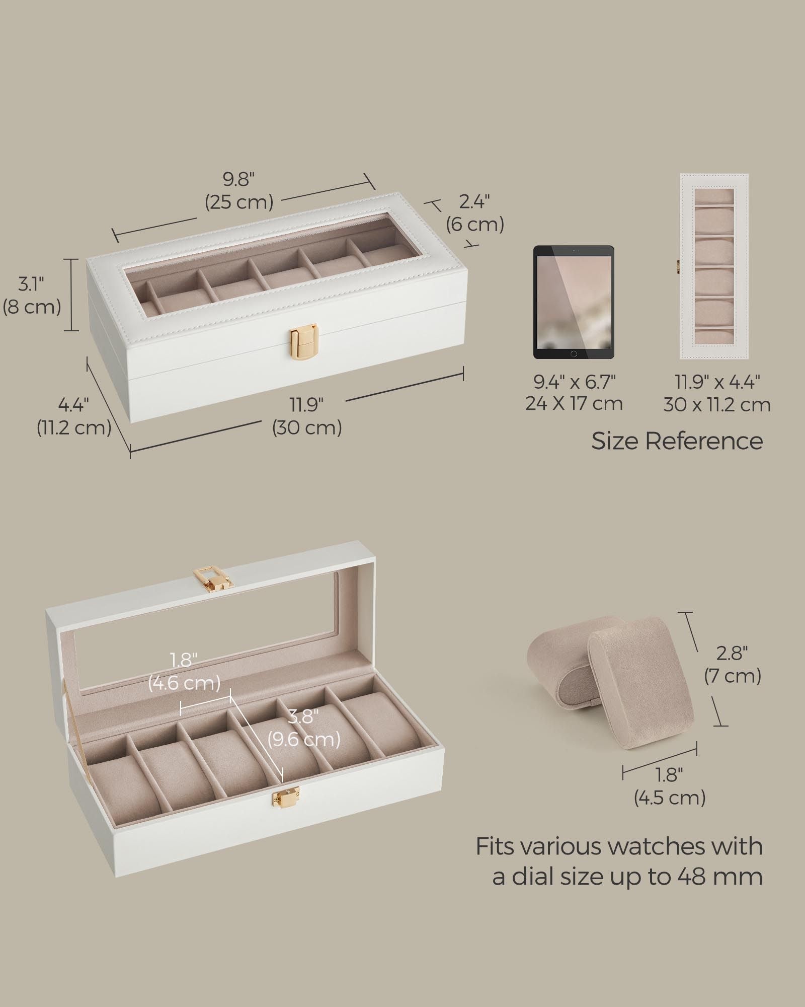 Watch Box – Glass and Velvet – Black – 6 Slots with Lock and Cushions
