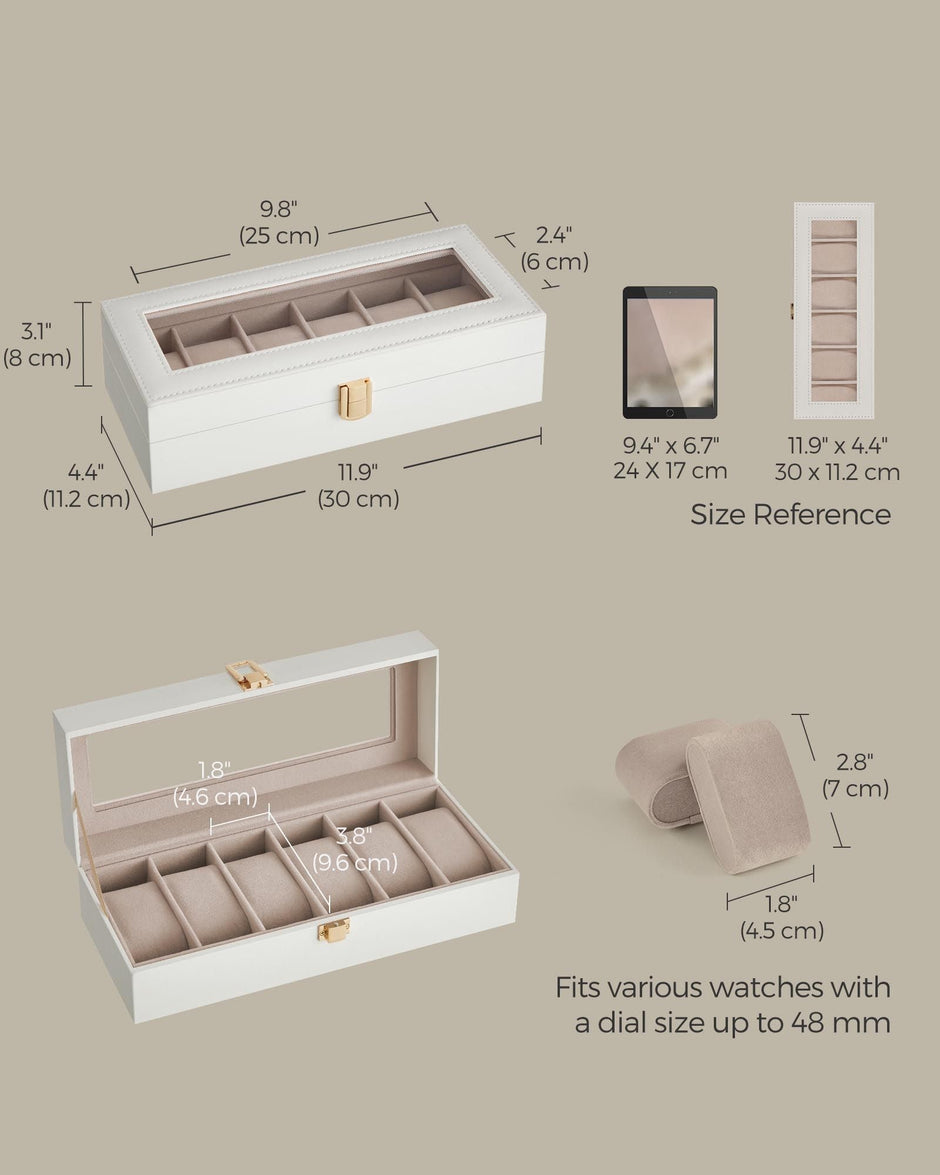 Watch Box – Glass and Velvet – Black – 6 Slots with Lock and Cushions