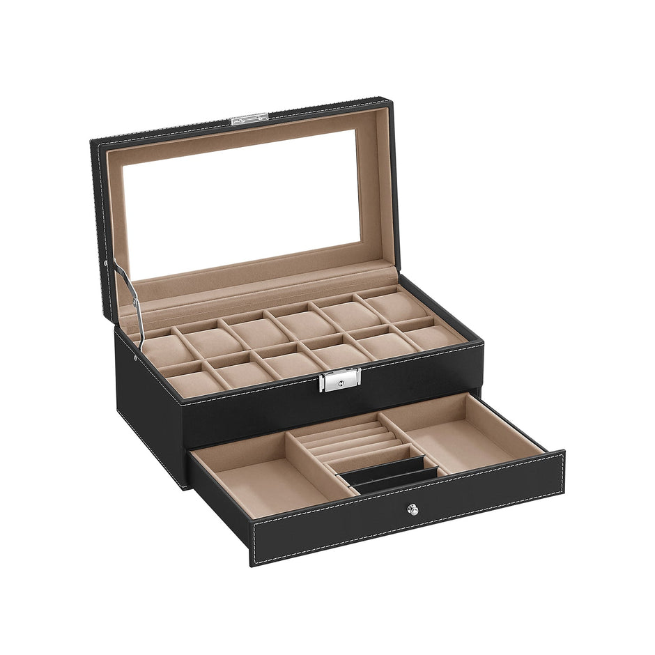 Double Layer Watch Box – Wood – Black – with Glass Lid and Bracelet Bangle Tray