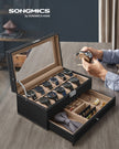Double Layer Watch Box – Wood – Black – with Glass Lid and Bracelet Bangle Tray