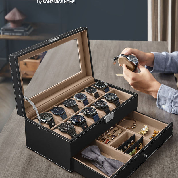 Double Layer Watch Box – Wood – Black – with Glass Lid and Bracelet Bangle Tray