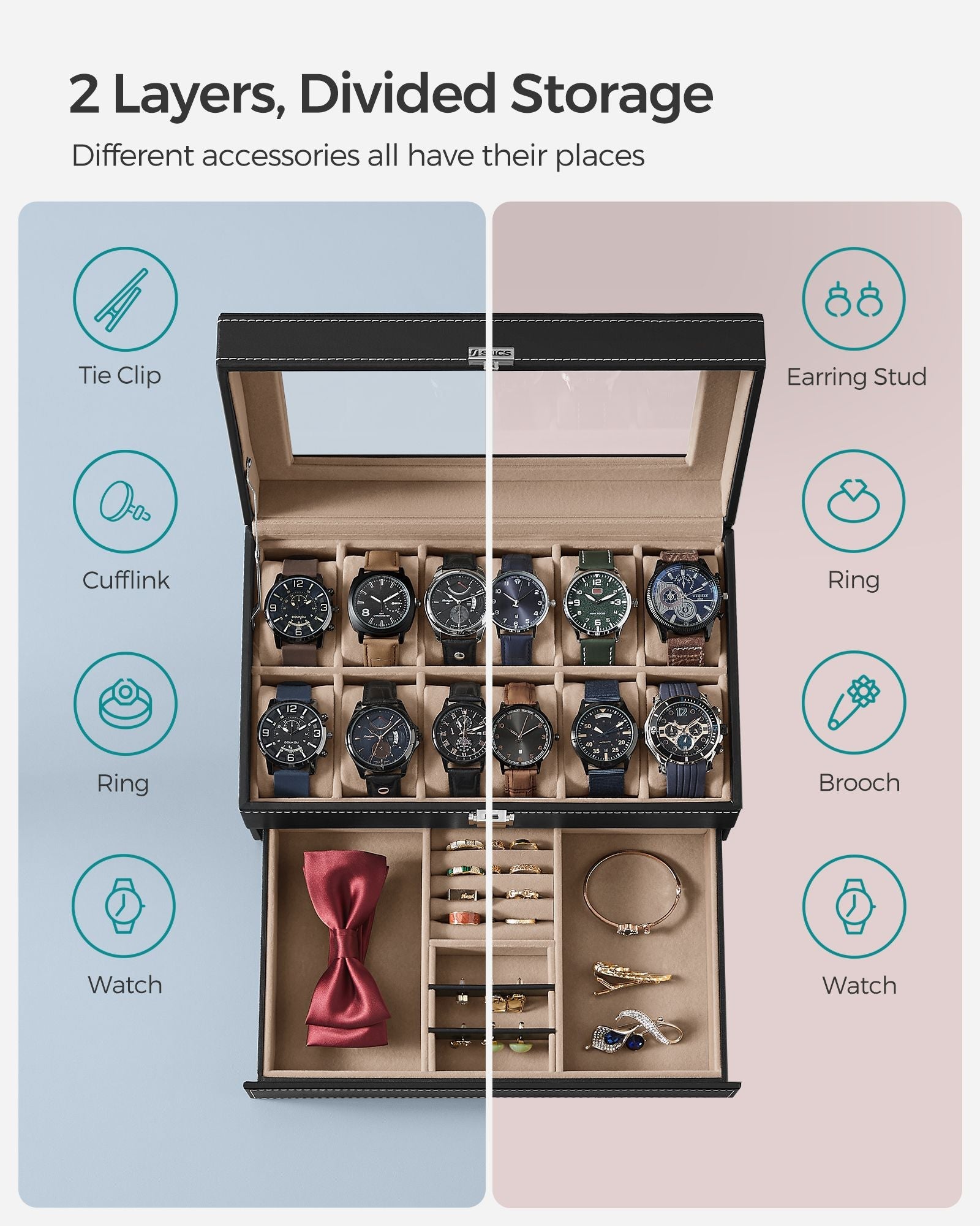 Double Layer Watch Box – Wood – Black – with Glass Lid and Bracelet Bangle Tray