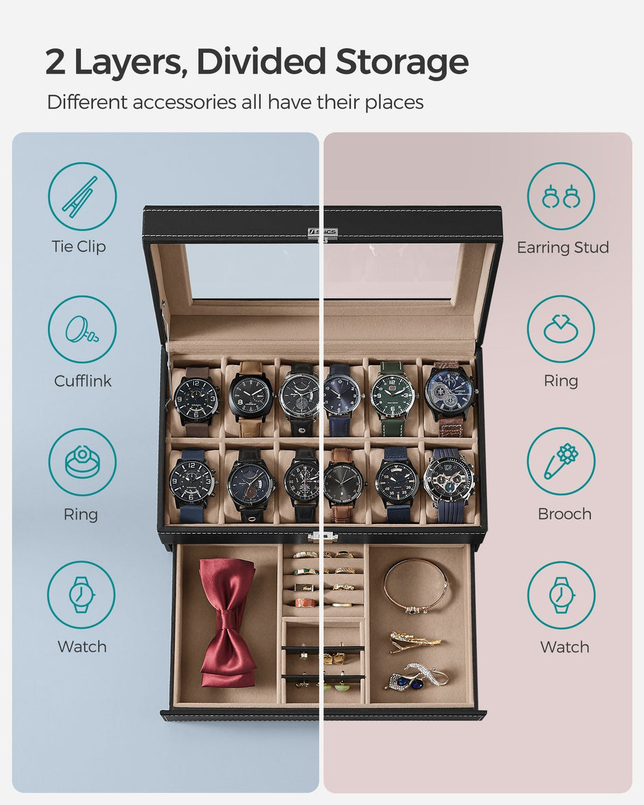 Double Layer Watch Box – Wood – Black – with Glass Lid and Bracelet Bangle Tray