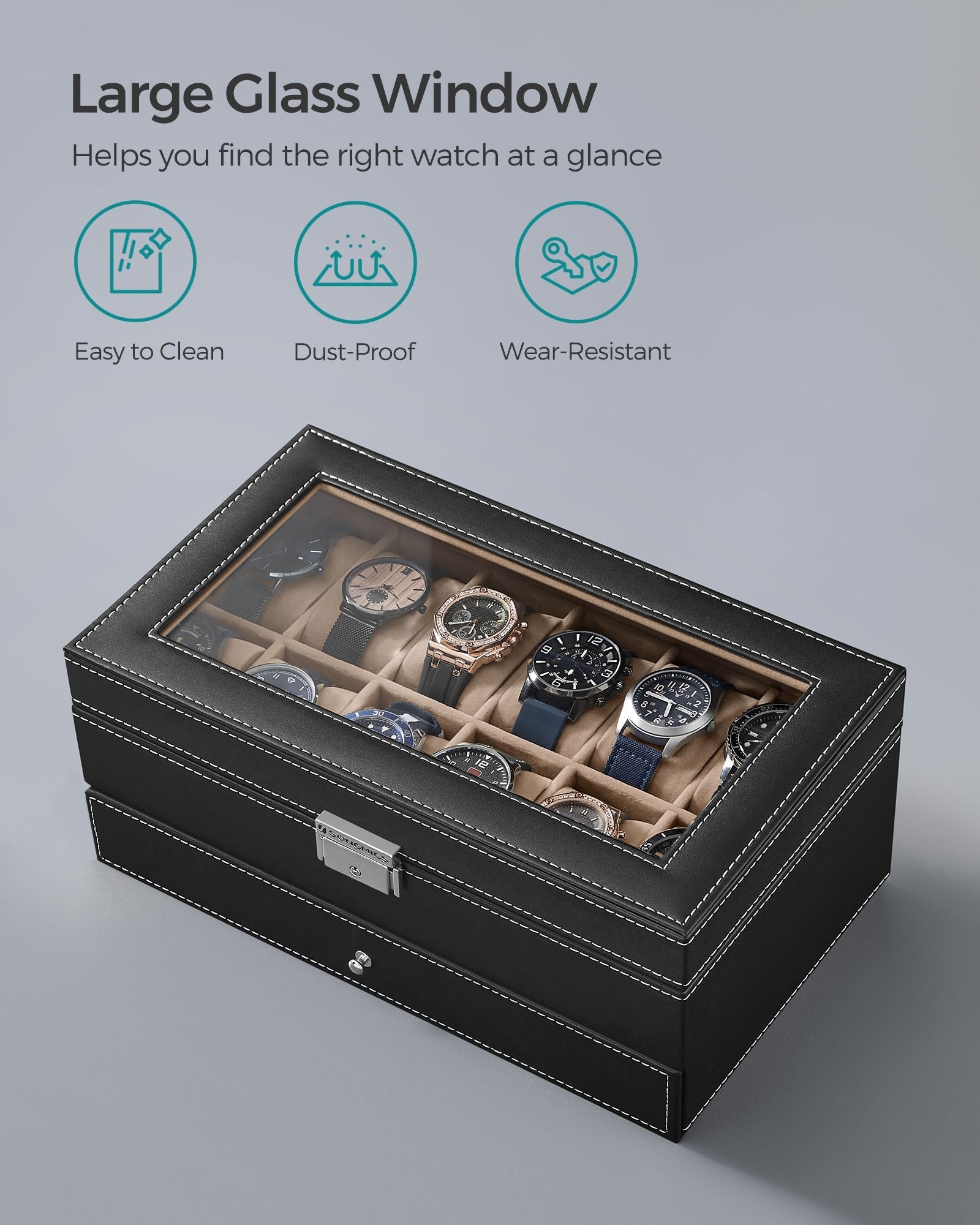 Double Layer Watch Box – Wood – Black – with Glass Lid and Bracelet Bangle Tray
