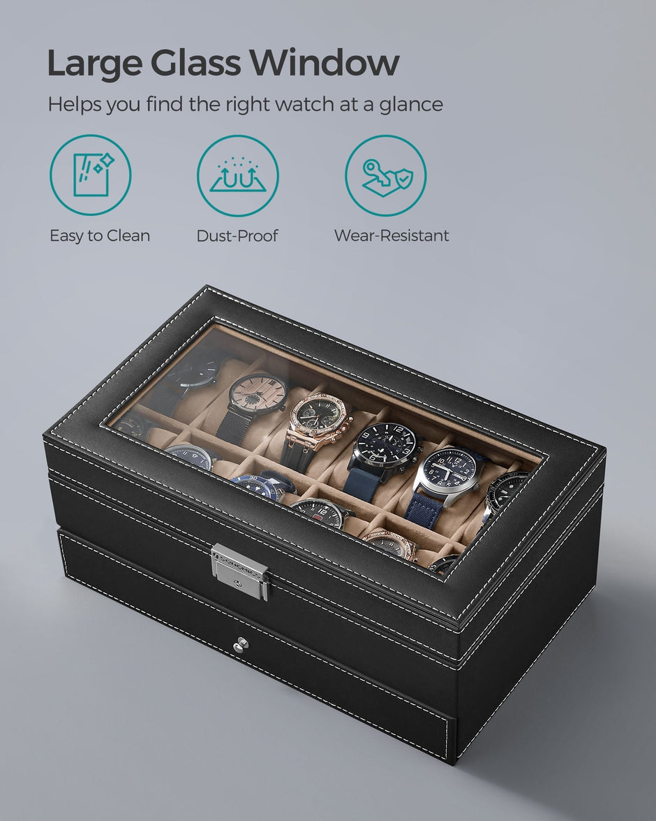 Double Layer Watch Box – Wood – Black – with Glass Lid and Bracelet Bangle Tray