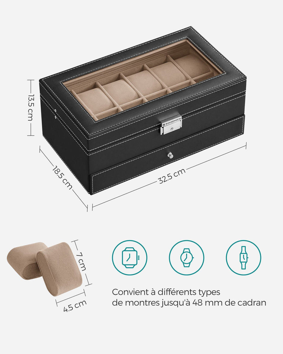 Double Layer Watch Box – Wood – Black – with Glass Lid and Bracelet Bangle Tray