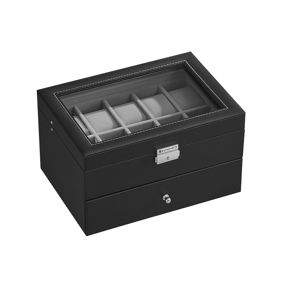 Watch Box – PU – Black – 24 Slot Large Storage Display Case with Glass Lid and Velvet Lining