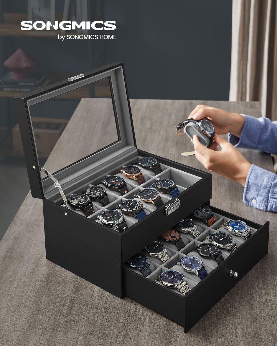 Watch Box – PU – Black – 24 Slot Large Storage Display Case with Glass Lid and Velvet Lining