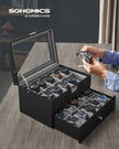 Watch Box – PU – Black – 24 Slot Large Storage Display Case with Glass Lid and Velvet Lining