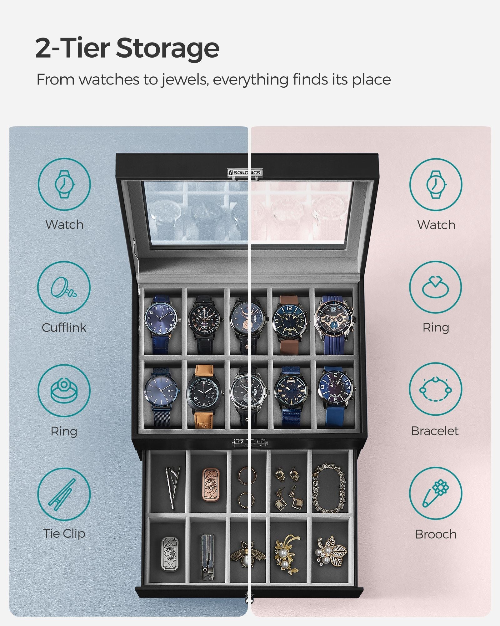 Watch Box – PU – Black – 24 Slot Large Storage Display Case with Glass Lid and Velvet Lining