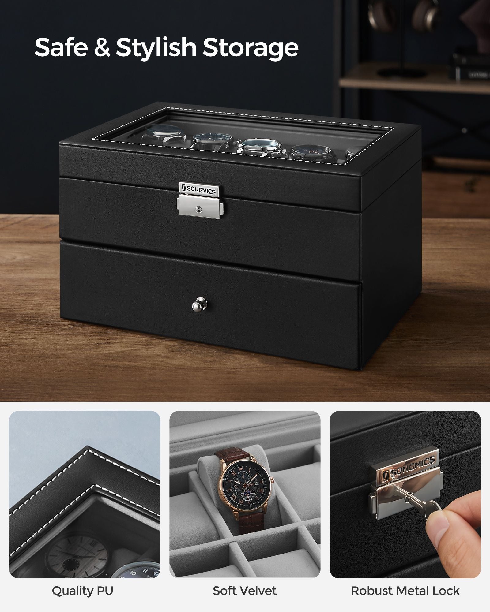 Watch Box – PU – Black – 24 Slot Large Storage Display Case with Glass Lid and Velvet Lining