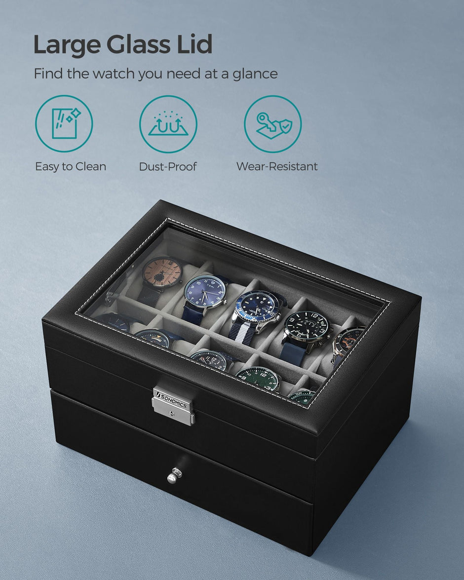 Watch Box – PU – Black – 24 Slot Large Storage Display Case with Glass Lid and Velvet Lining