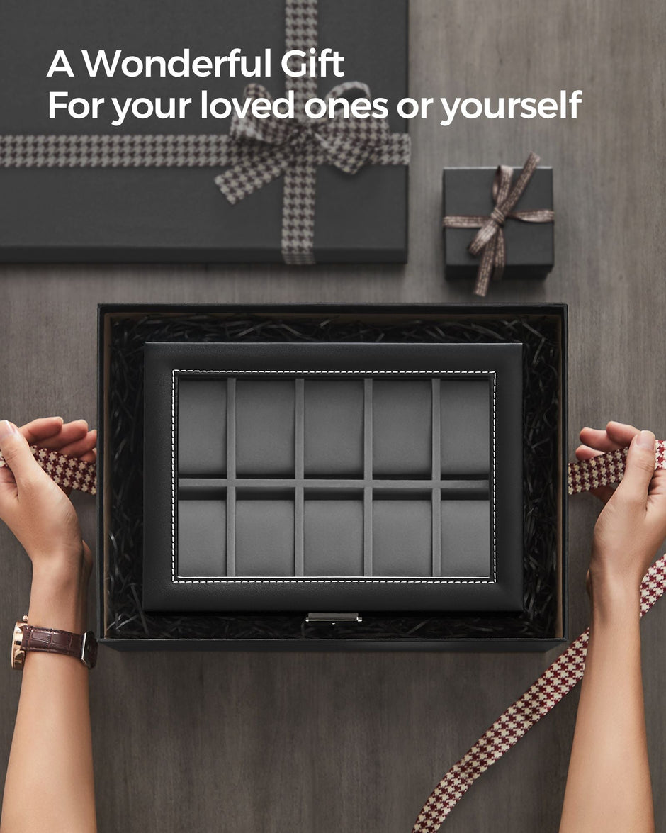 Watch Box – PU – Black – 24 Slot Large Storage Display Case with Glass Lid and Velvet Lining