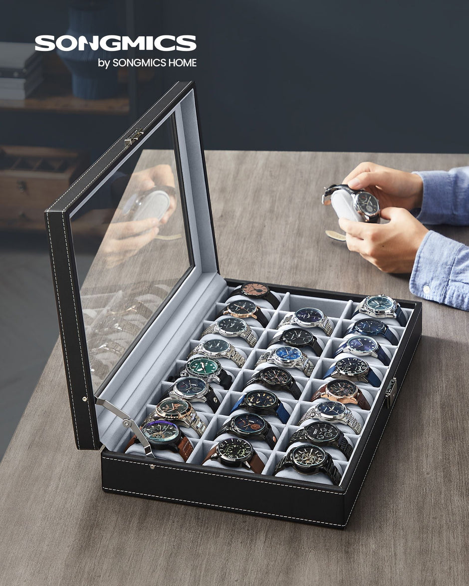 Watch Box – Faux Leather – Black – 24 Slots for Storage and Display