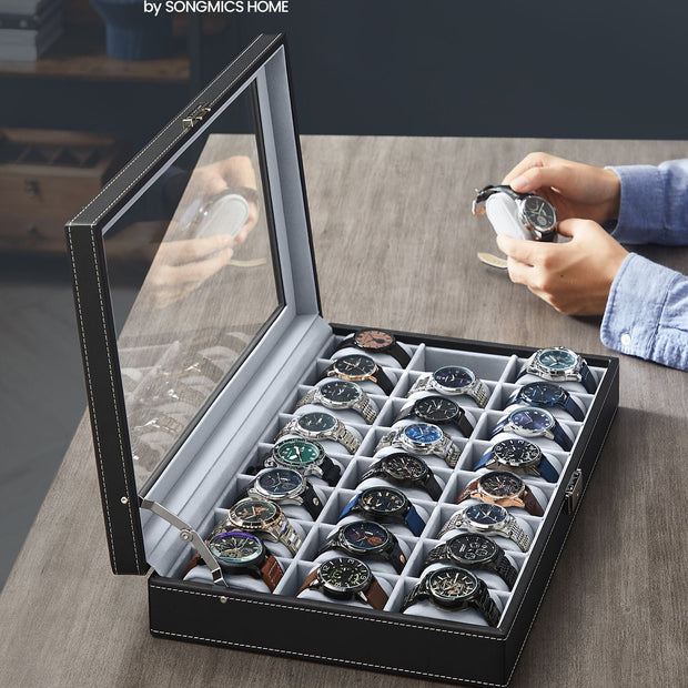 Watch Box – Faux Leather – Black – 24 Slots for Storage and Display