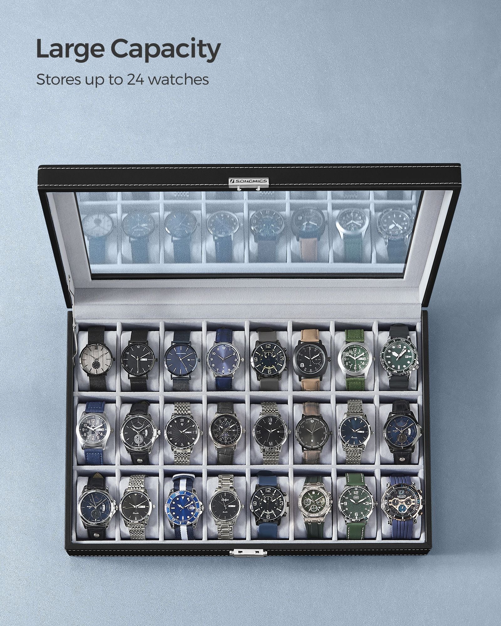 Watch Box – Faux Leather – Black – 24 Slots for Storage and Display