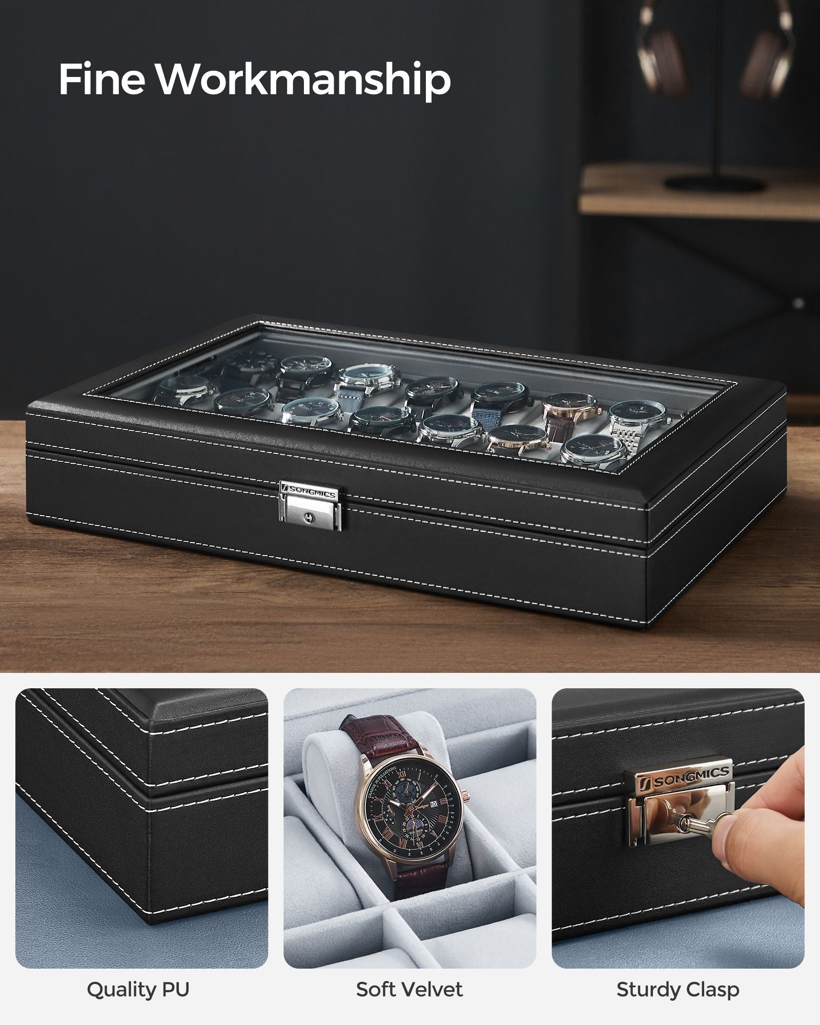 Watch Box – Faux Leather – Black – 24 Slots for Storage and Display