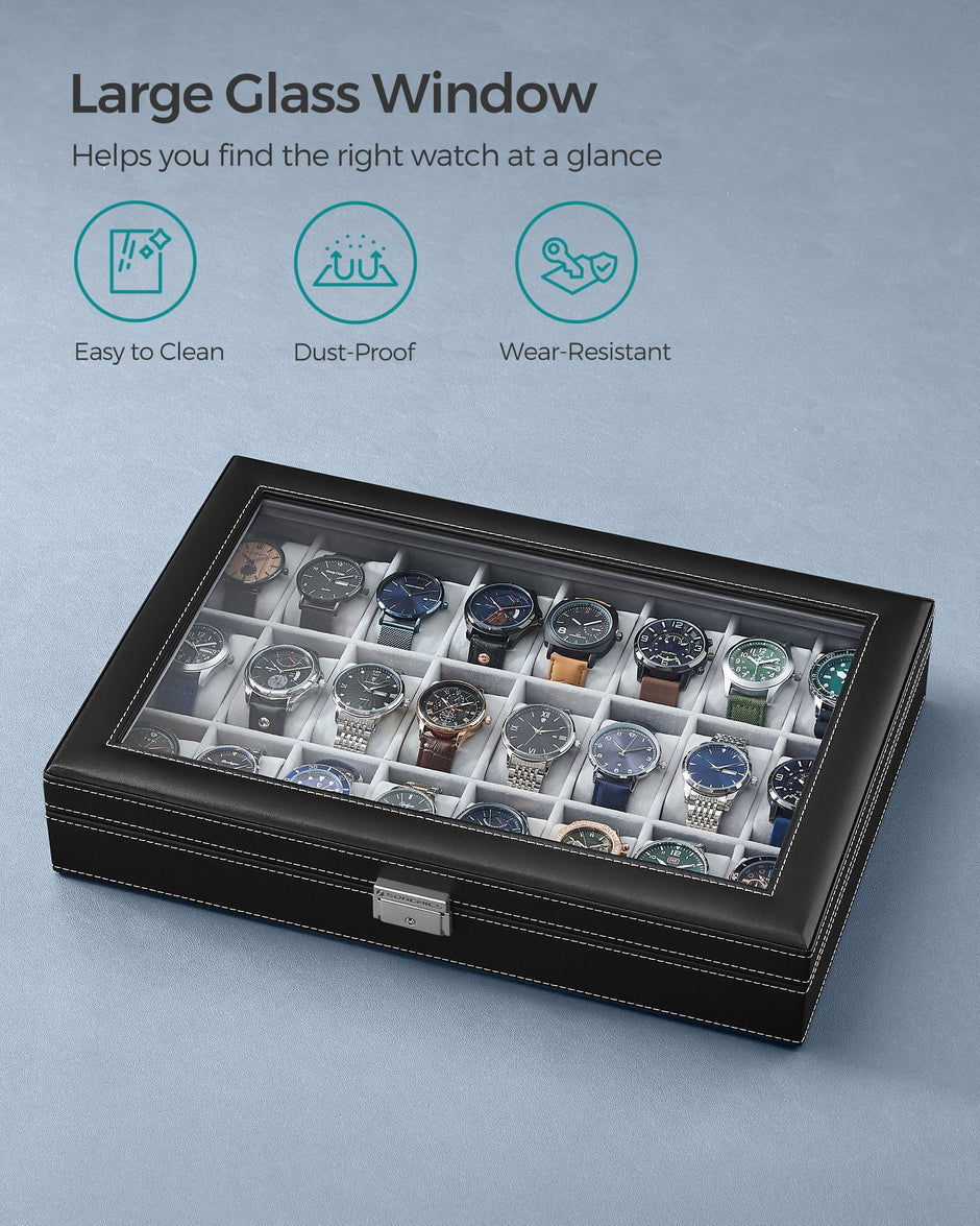 Watch Box – Faux Leather – Black – 24 Slots for Storage and Display