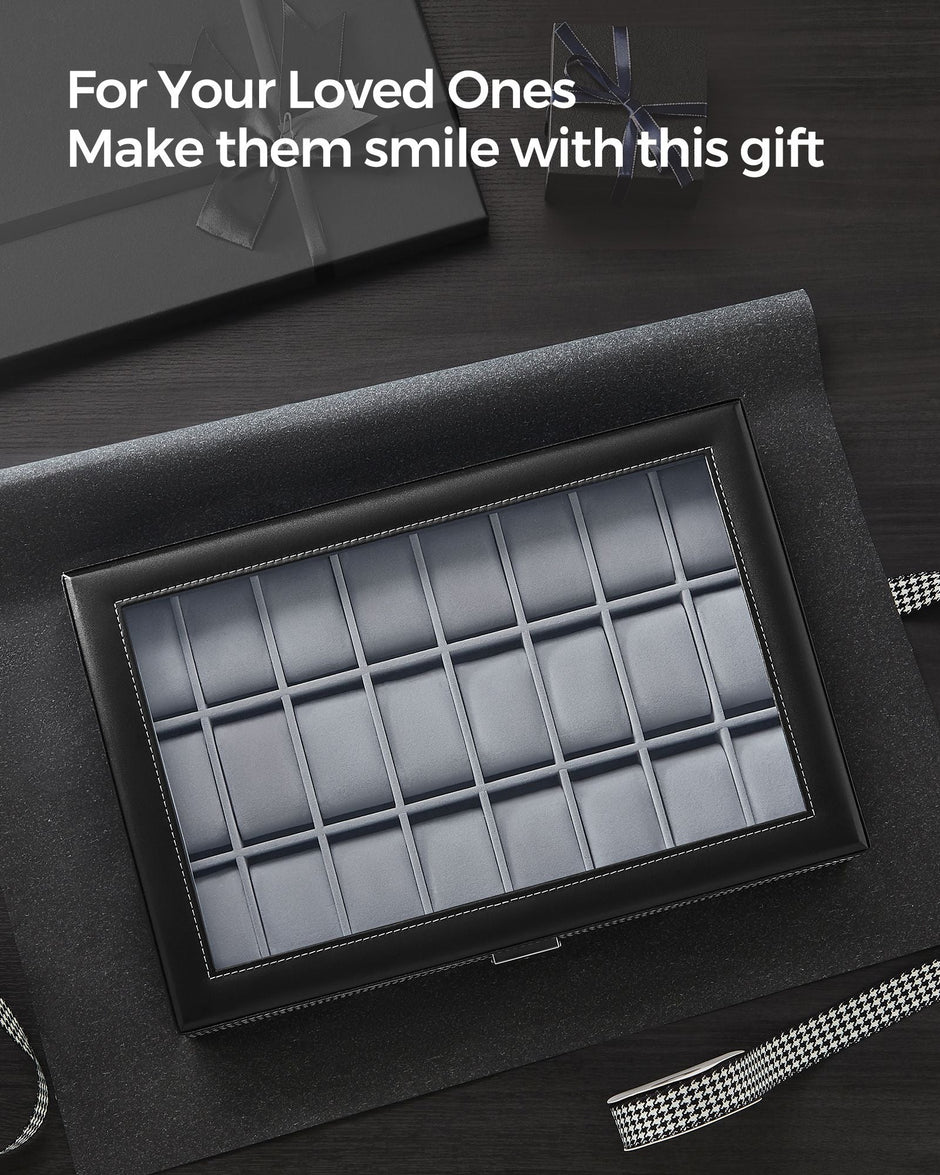 Watch Box – Faux Leather – Black – 24 Slots for Storage and Display