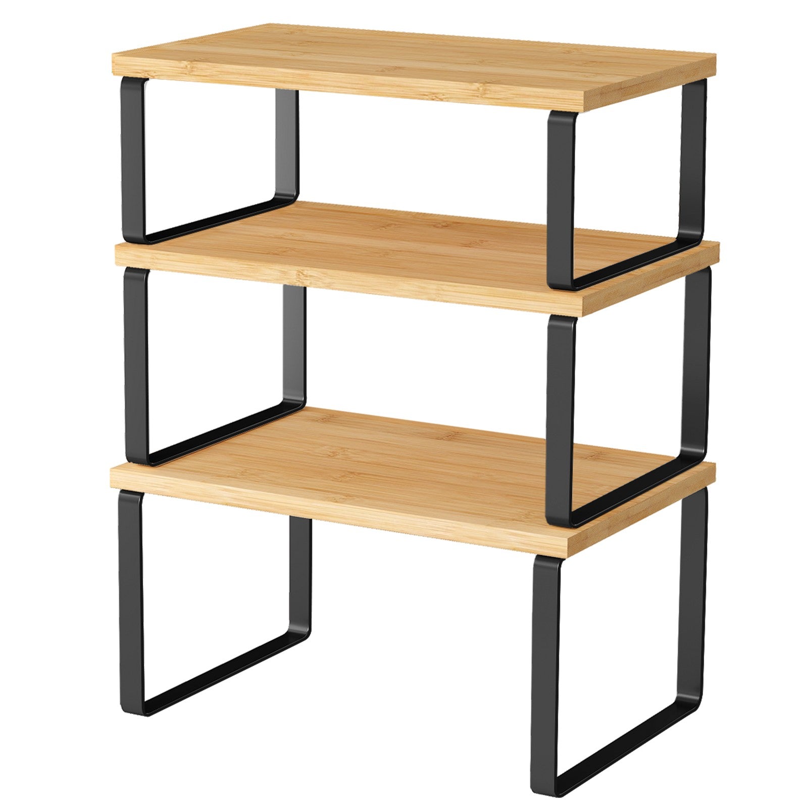 Set of 3 Pantry Storage Shelves – Metal and Bamboo – Ink Black and Natural Beige – Expandable and Stackable Counter Organisers