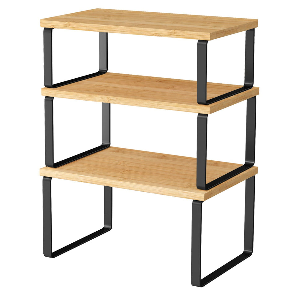 Set of 3 Pantry Storage Shelves – Metal and Bamboo – Ink Black and Natural Beige – Expandable and Stackable Counter Organisers