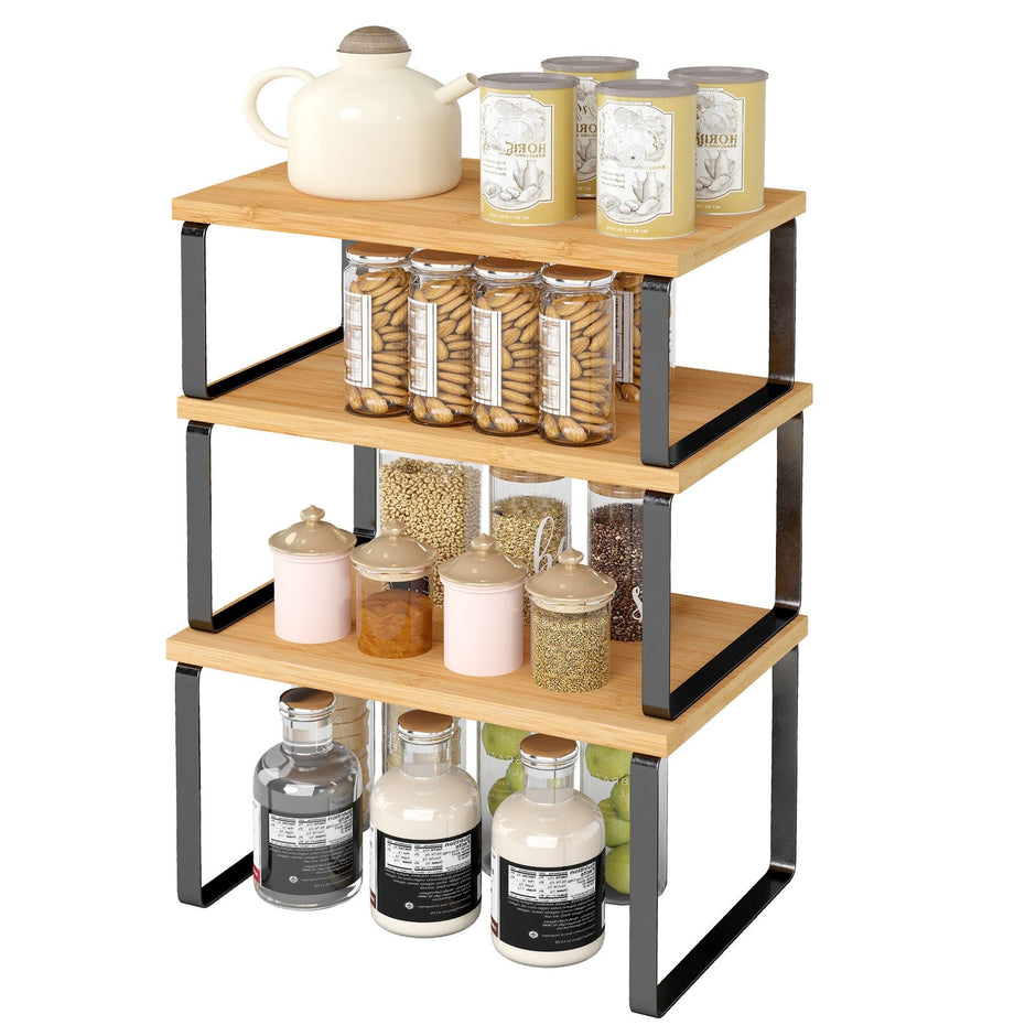 Set of 3 Pantry Storage Shelves – Metal and Bamboo – Ink Black and Natural Beige – Expandable and Stackable Counter Organisers
