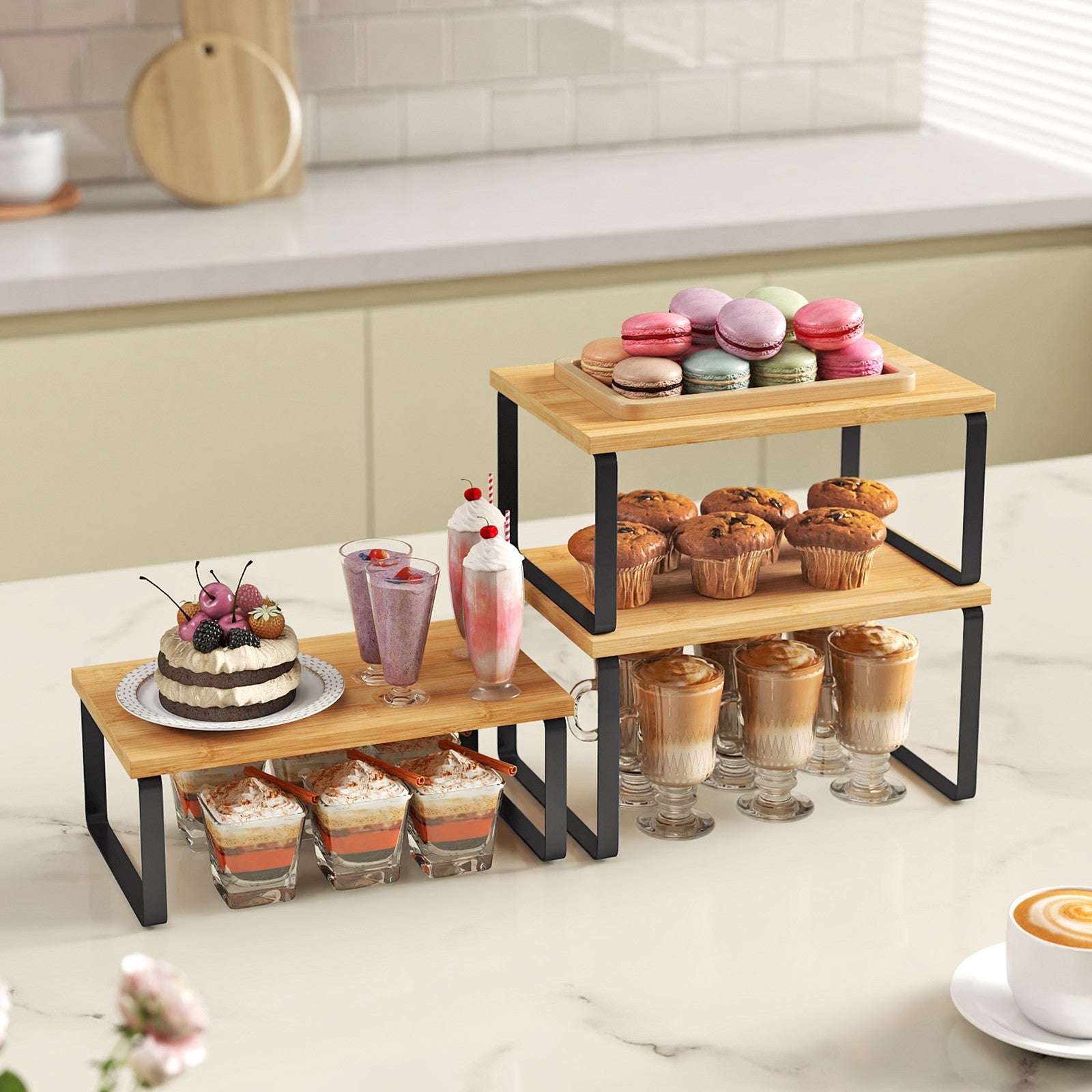 Set of 3 Pantry Storage Shelves – Metal and Bamboo – Ink Black and Natural Beige – Expandable and Stackable Counter Organisers