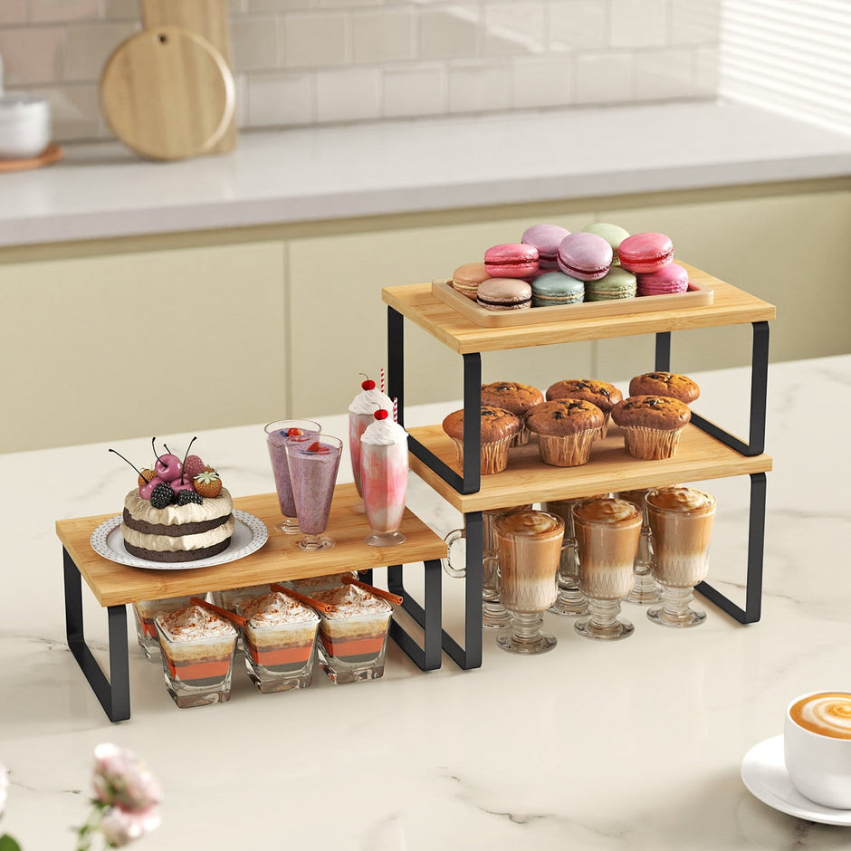 Set of 3 Pantry Storage Shelves – Metal and Bamboo – Ink Black and Natural Beige – Expandable and Stackable Counter Organisers