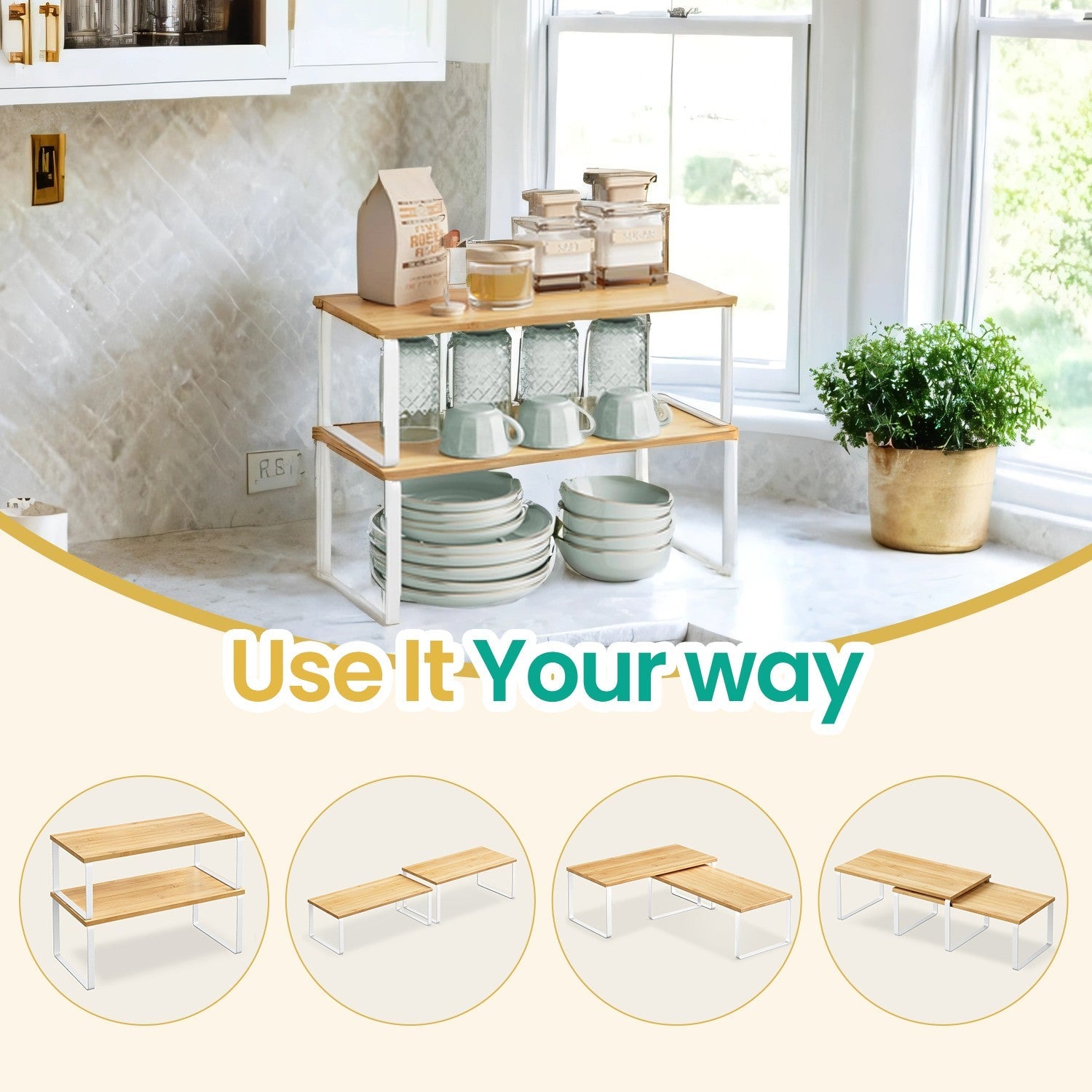 Cabinet Organizer Shelf – Wood – Natural Beige and Cloud White – Stackable Set of 2