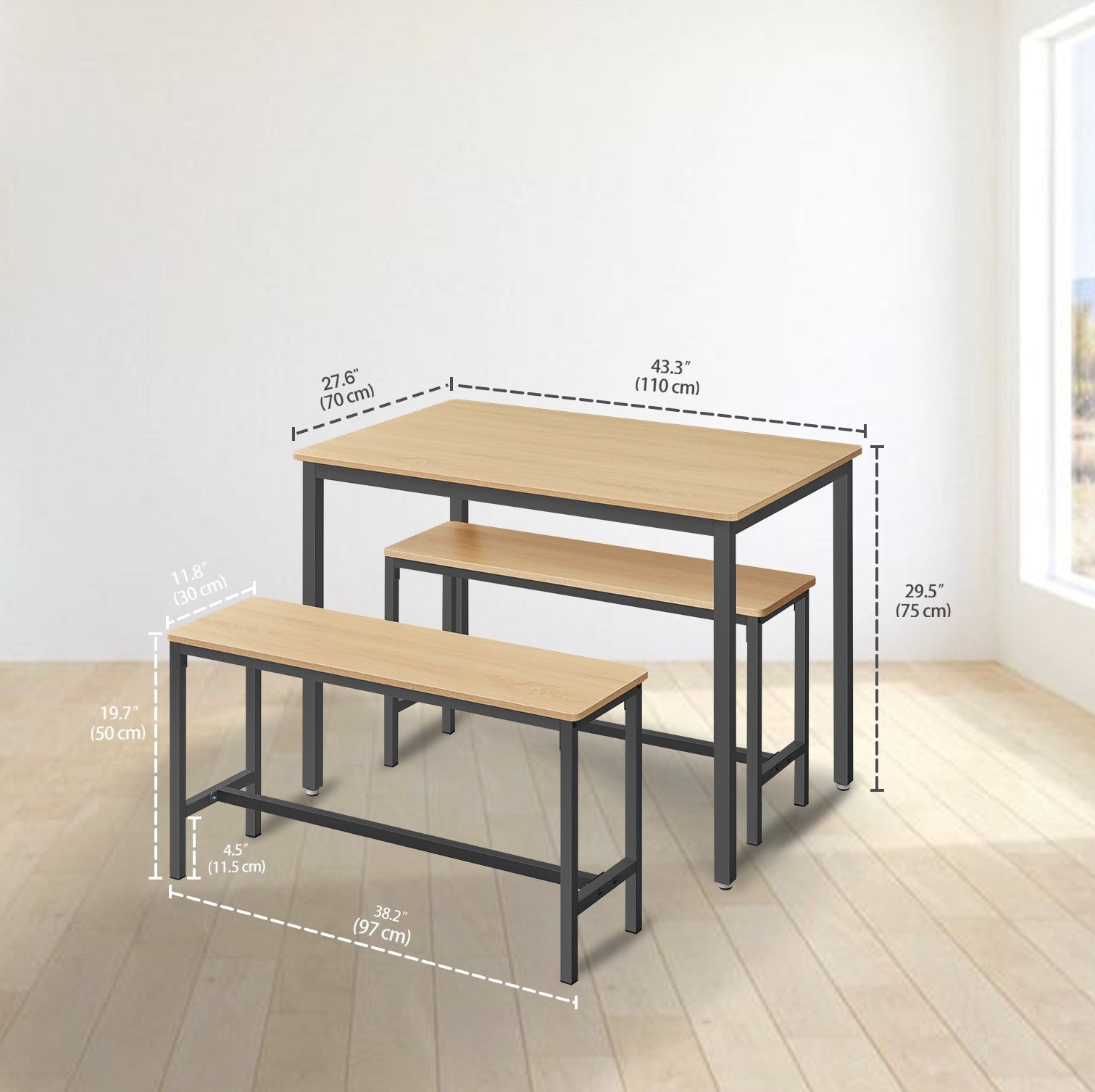 Dining Table Set – Steel – Rustic Brown and Black – Includes 2 Benches