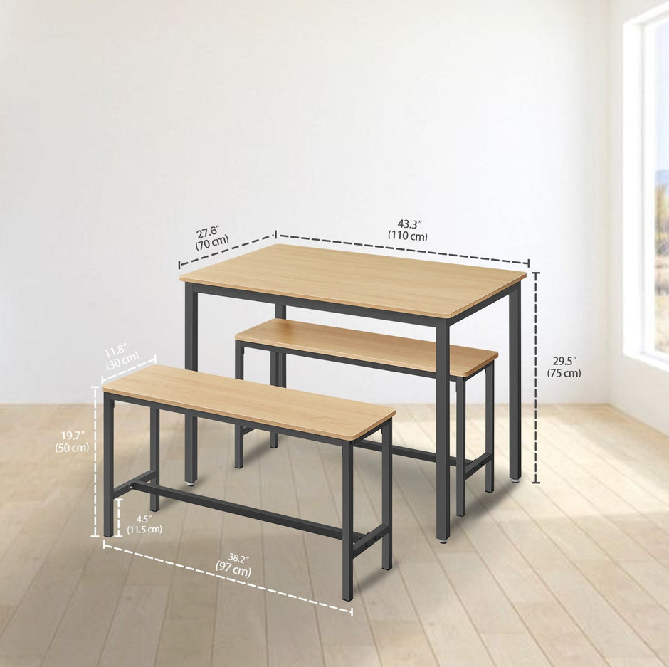 Dining Table Set – Steel – Rustic Brown and Black – Includes 2 Benches