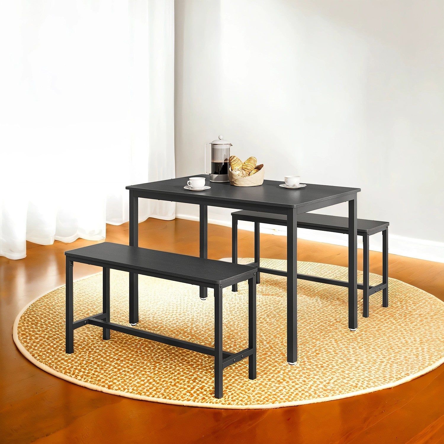 Dining Table Set – Steel – Rustic Brown and Black – Includes 2 Benches