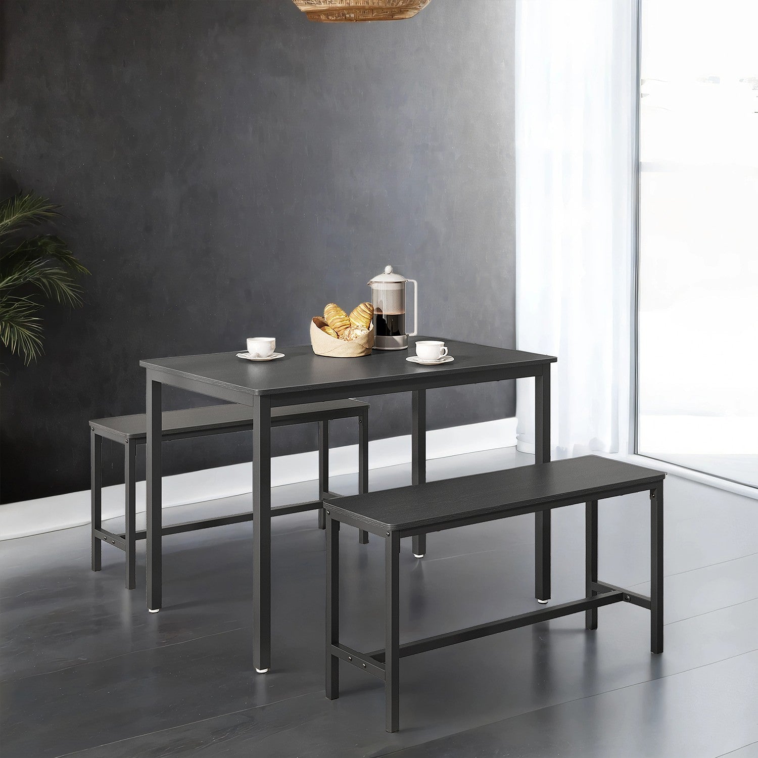 Dining Table Set – Steel – Rustic Brown and Black – Includes 2 Benches