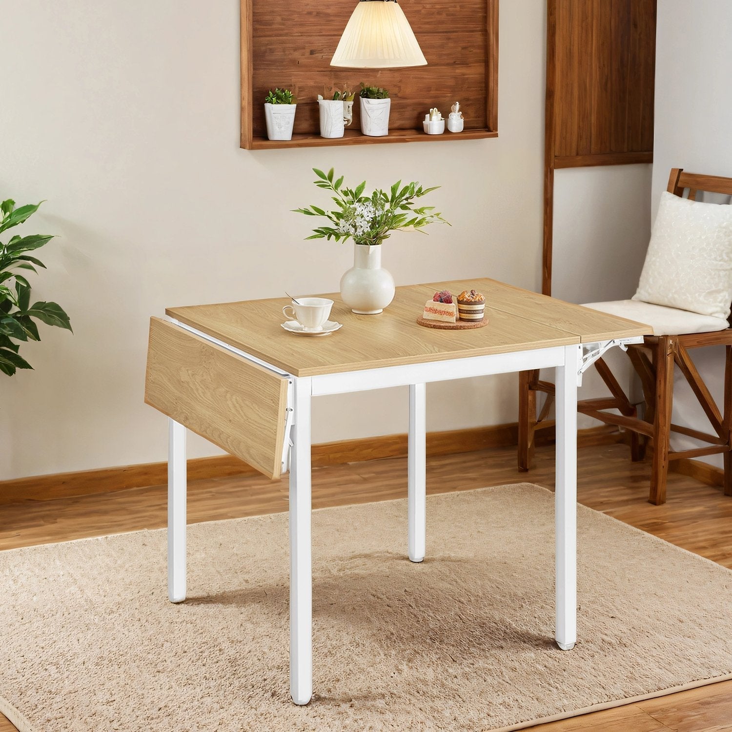 Folding Dining Table – Engineered Wood – Natural Oak and Cloud White – Drop Leaf Extendable for Small Spaces, Seats 2-4 People