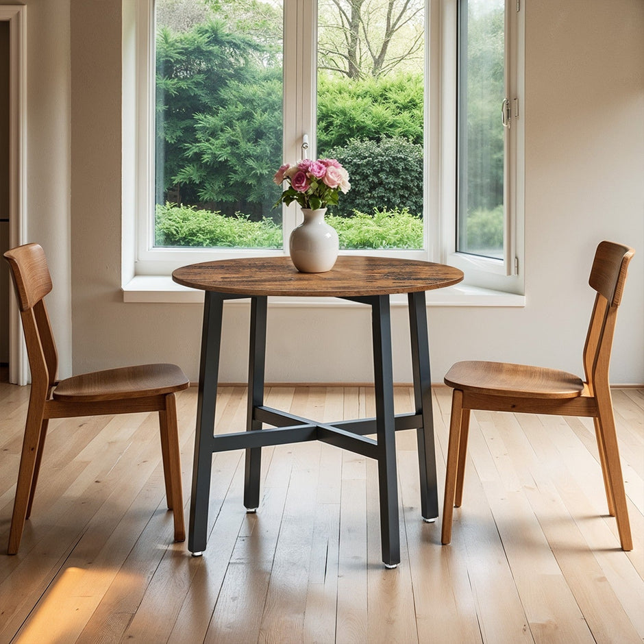 Round Dining Table – Wood and Metal – Rustic Brown and Black – Industrial Style