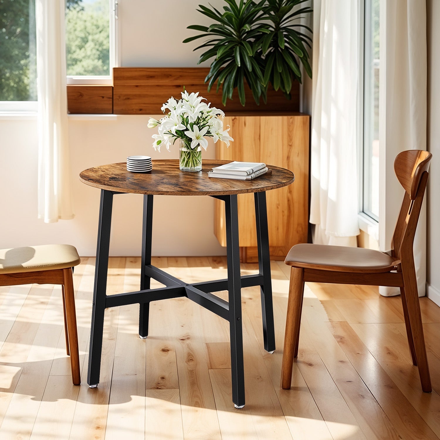 Round Dining Table – Wood and Metal – Rustic Brown and Black – Industrial Style
