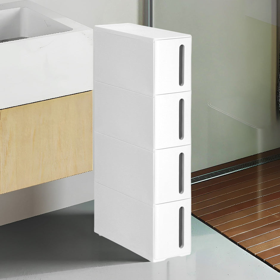 Narrow Rolling Trolley – PP – White – 4 Drawer Storage Unit with Removable Wheels