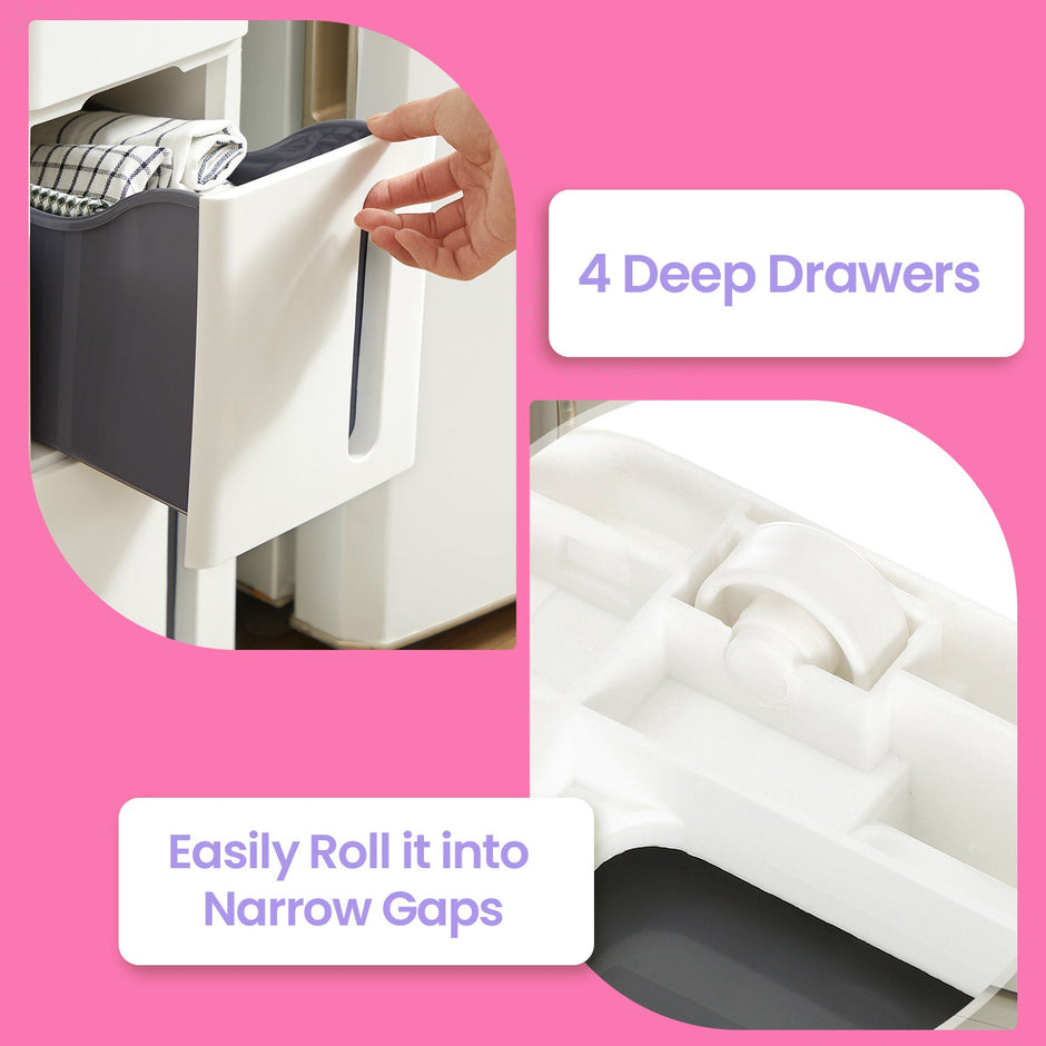 Narrow Rolling Trolley – PP – White – 4 Drawer Storage Unit with Removable Wheels