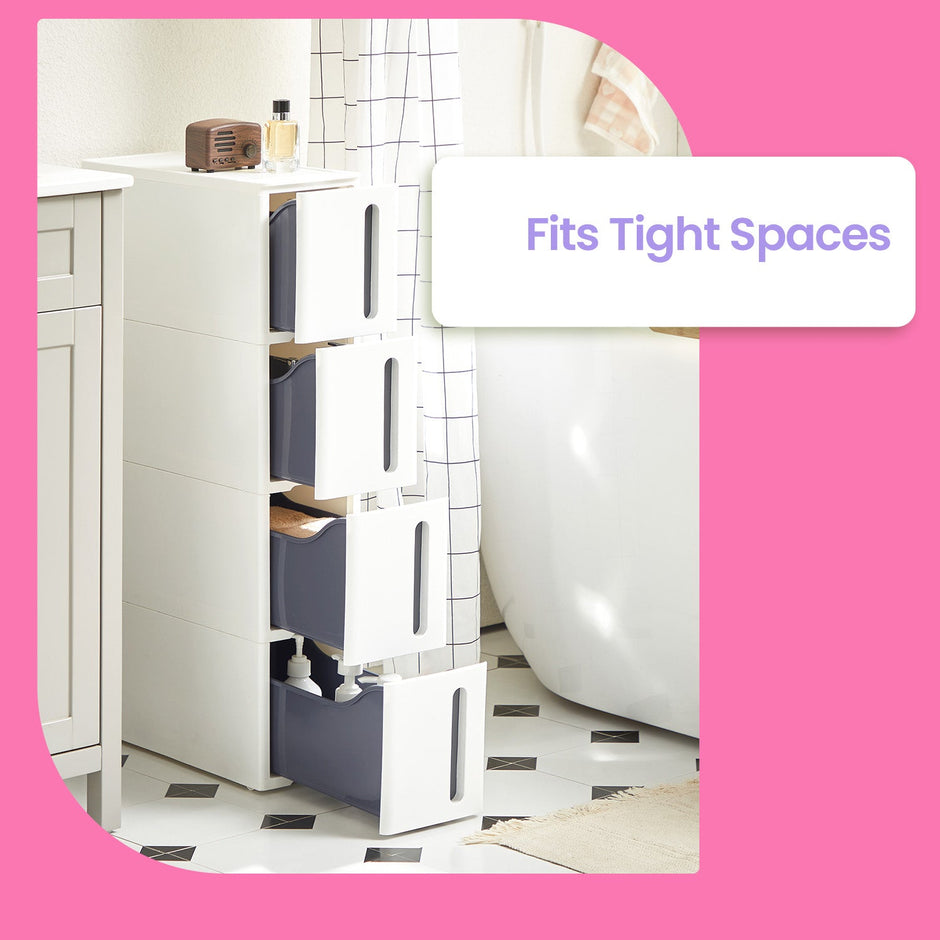 Narrow Rolling Trolley – PP – White – 4 Drawer Storage Unit with Removable Wheels