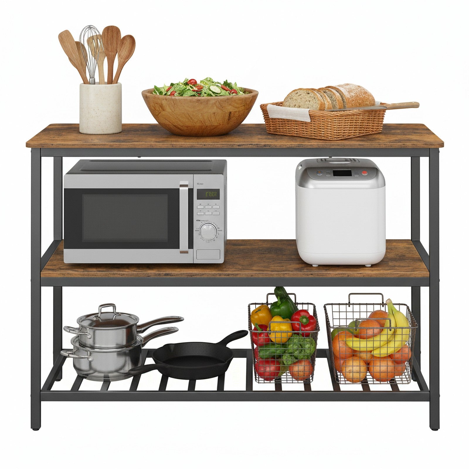 Kitchen Island – Steel – Rustic Brown and Black – Large Worktop and Stable Structure