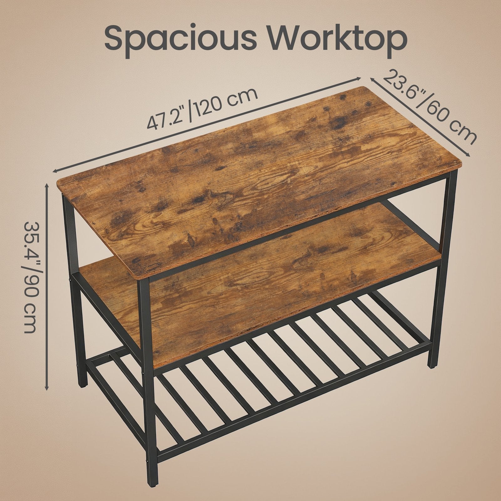 Kitchen Island – Steel – Rustic Brown and Black – Large Worktop and Stable Structure