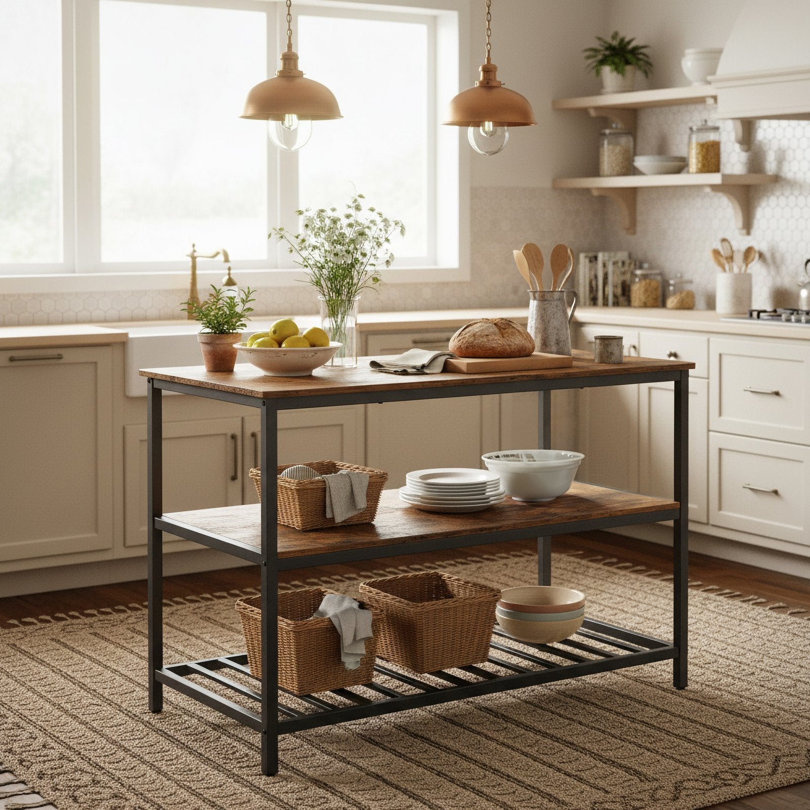 Kitchen Island – Steel – Rustic Brown and Black – Large Worktop and Stable Structure