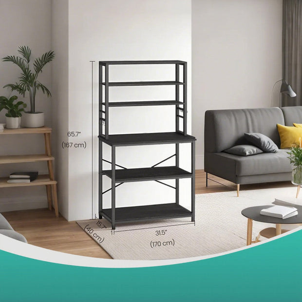 Baker's Rack – Wood and Metal – Rustic Brown and Black – 6-Tier Storage with Hooks and Microwave Stand
