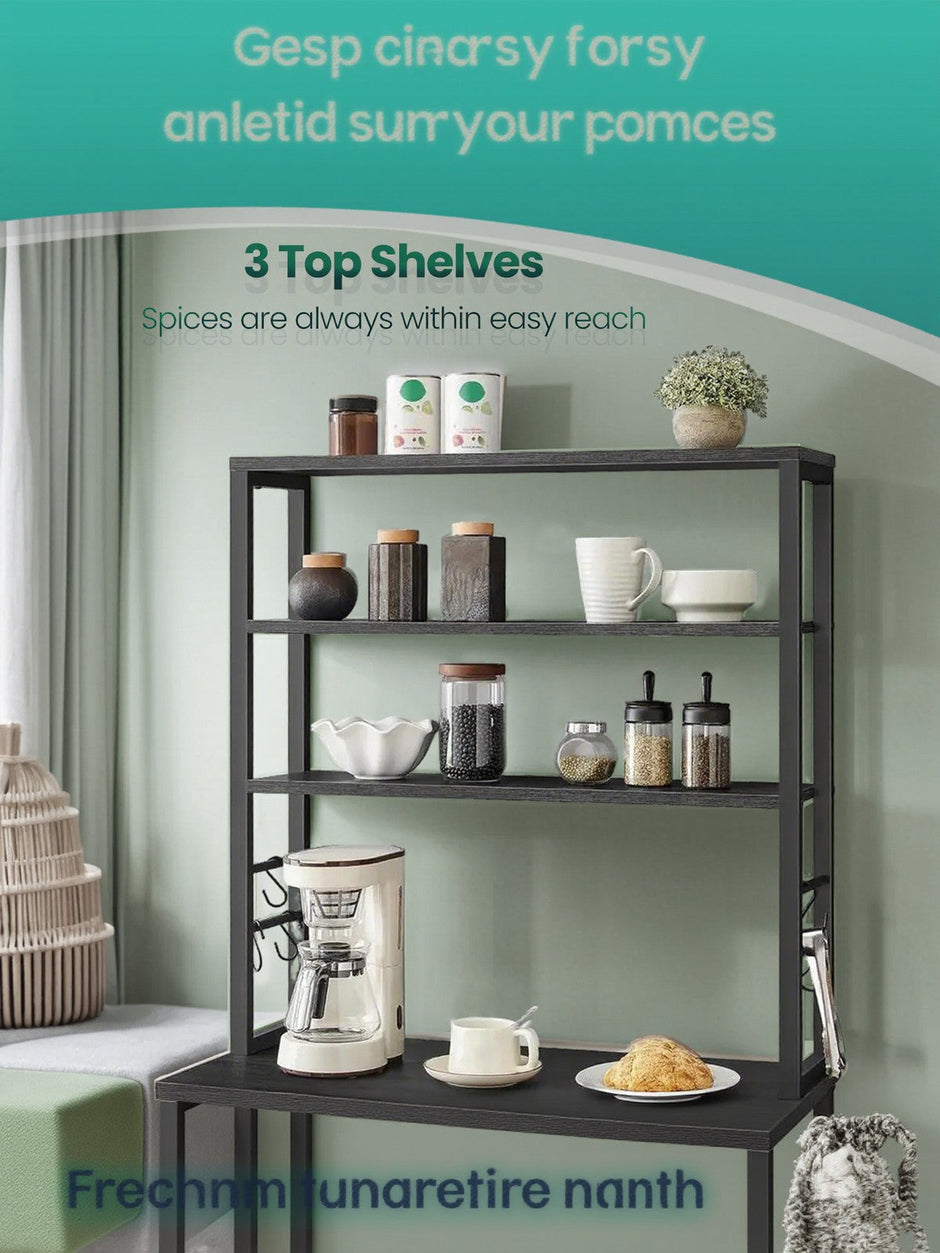 Baker's Rack – Wood and Metal – Rustic Brown and Black – 6-Tier Storage with Hooks and Microwave Stand